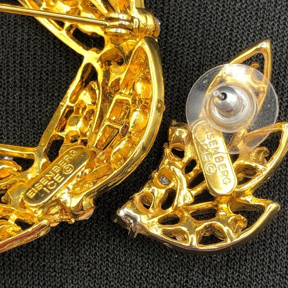 Vintage Signed Eisenberg Ice Rhinestone Golden Leaves Wreath Brooch Earrings Set - Picture 3 of 6